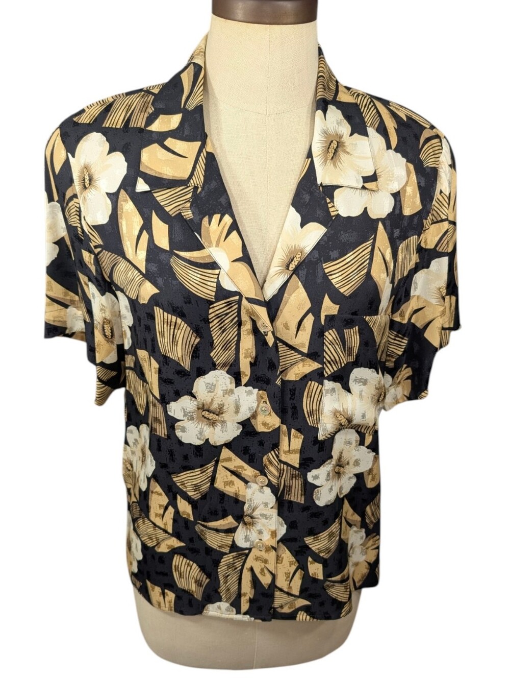 Vintage Anne Klein II Silk, Abstract Floral , Neutral Button Up Blouse. Size 8